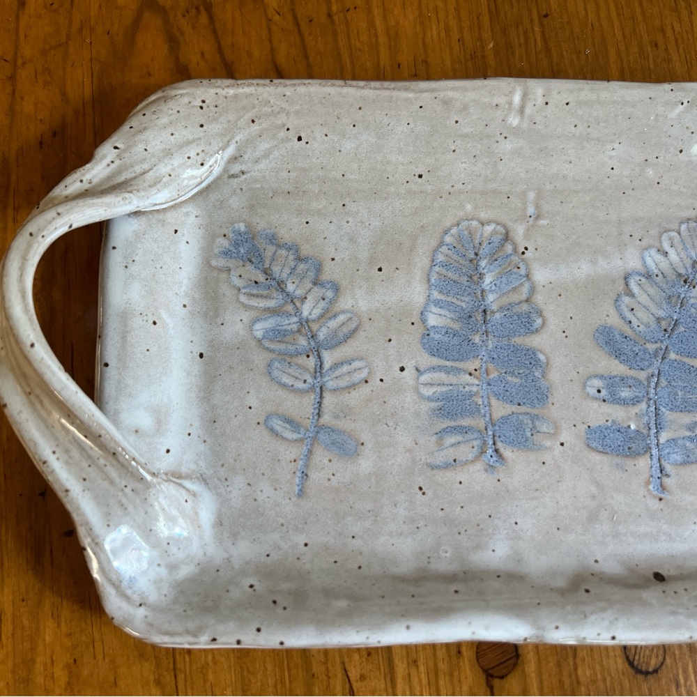 Studio Pottery Tray Blue Leaves Hand Crafted
